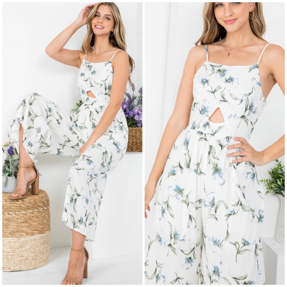 DOE & RAE White Floral Peek-A-Boo Cut Out Wide Leg Jumpsuit - Picture 6 of 9
